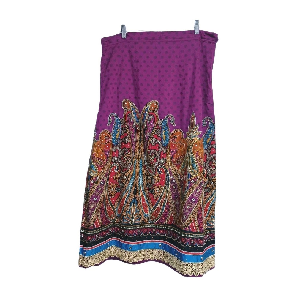 Handmade Women Embroidered Maxi Skirt L XL Fuchsia Floral Festival Hippie Gypsy